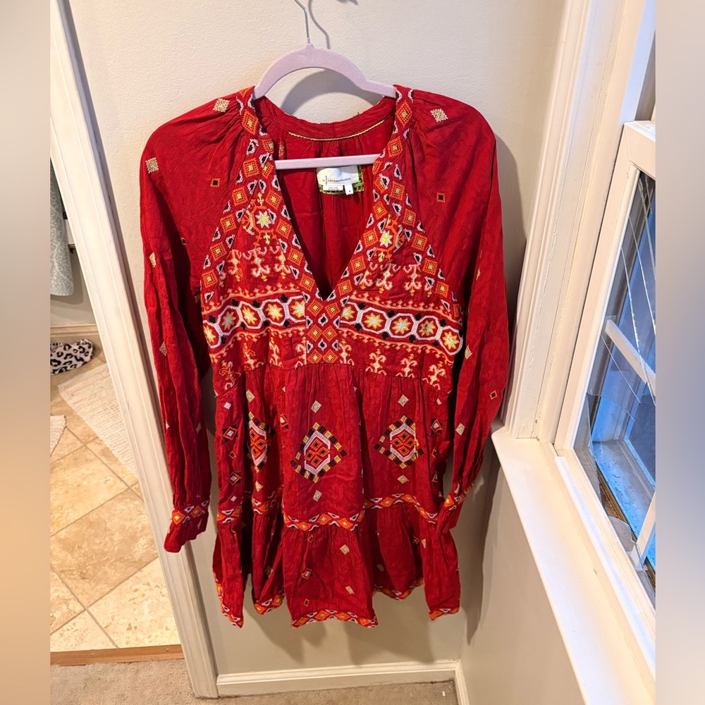 Anthropologie Red Embroidered Tunic
